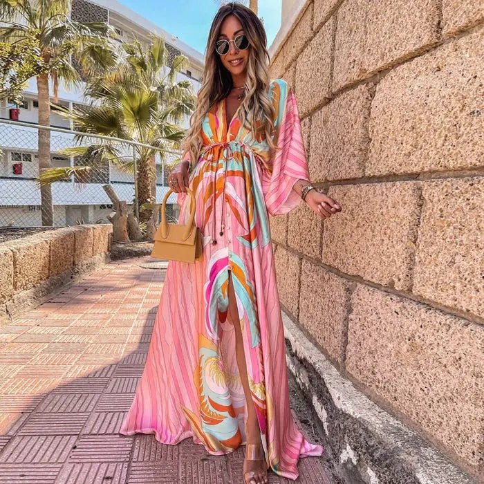 maxi dress kimono style Sarah │ Women's Abstract Print V-Neck Sleeve For Summer CAMO Colors:Mossy Oak Infinity Beige Two piece wedding flowy fit Short kimono HOLIDAY2025