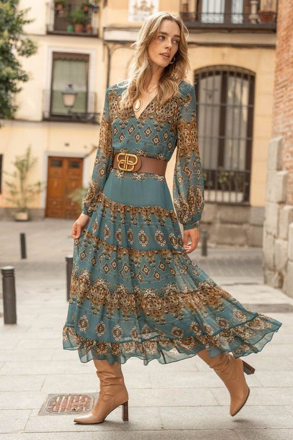 Lillian │ Women's Medallion Print Long Sleeve Tiered Chiffon Midi Dress