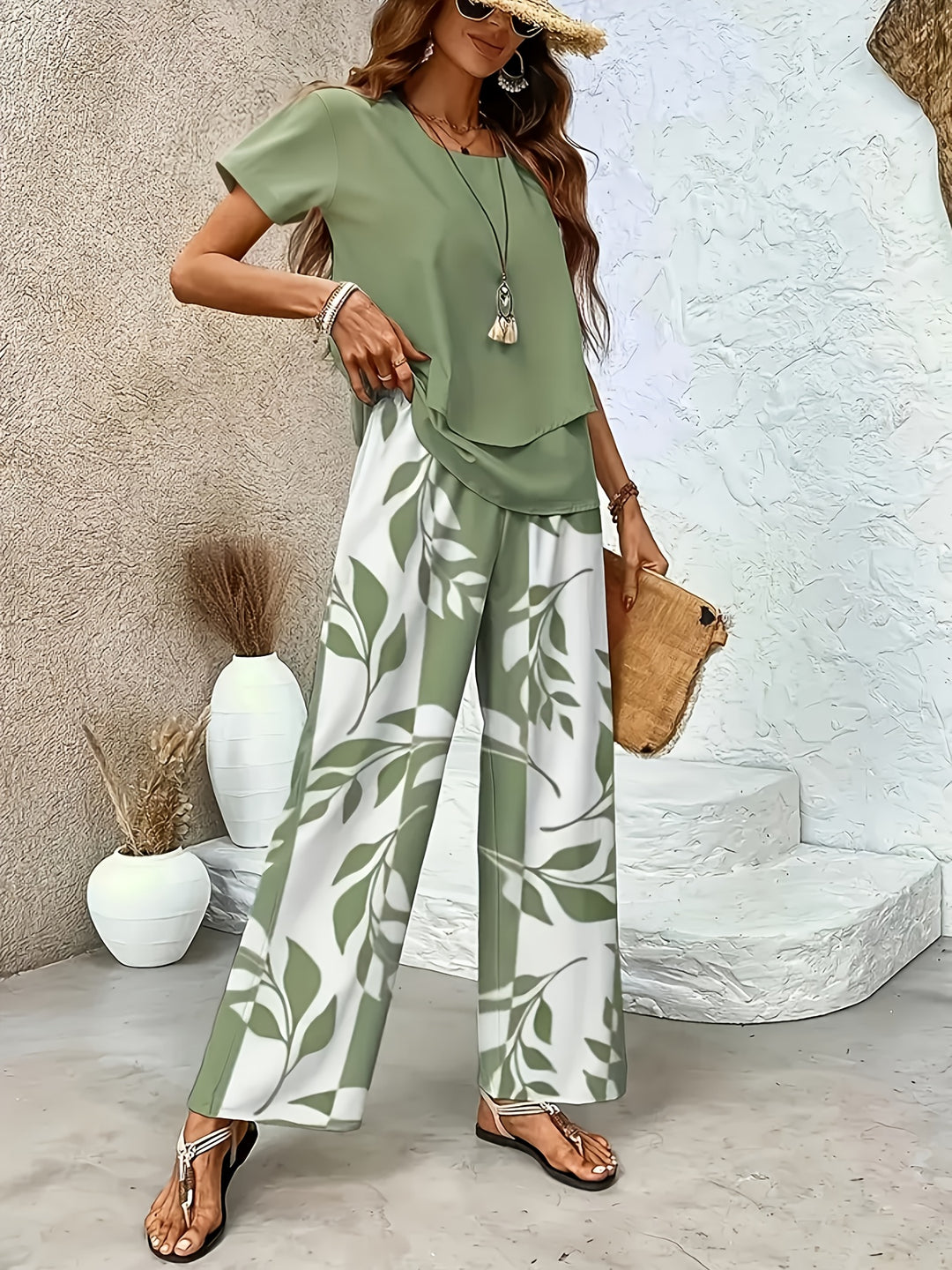 Nora │ Women's Short Sleeve Top And Wide Leg Trousers Two Piece Set