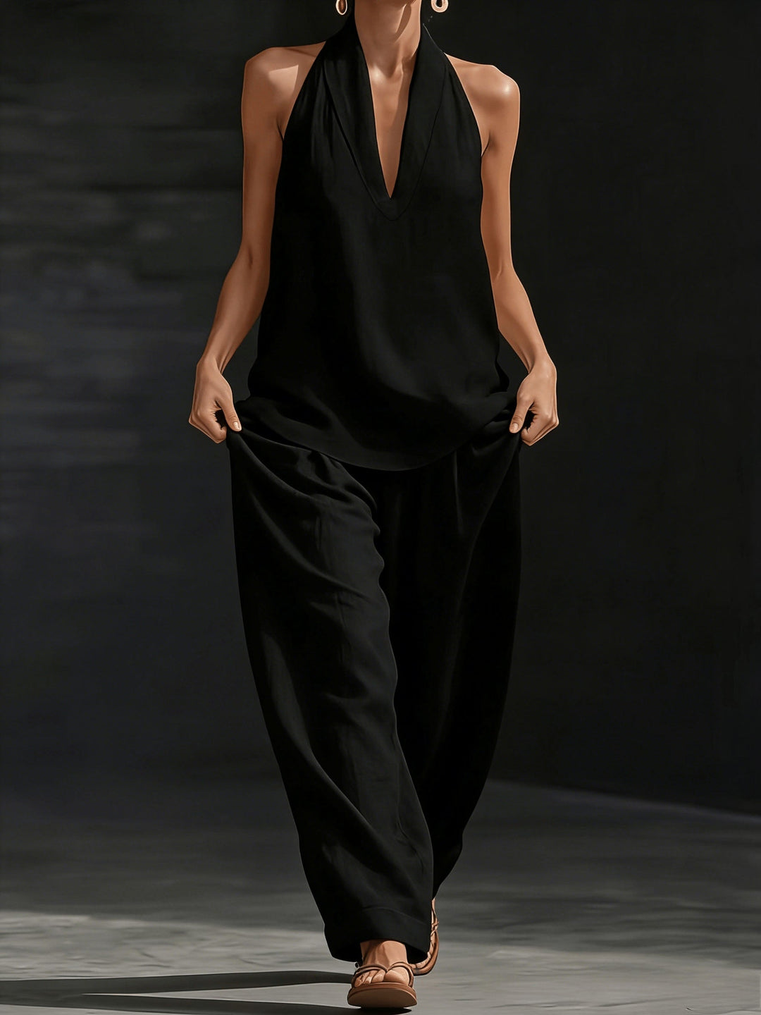 Aria | Women's Halter Neck V-Neck Linen Wide-Leg Co-ord Set