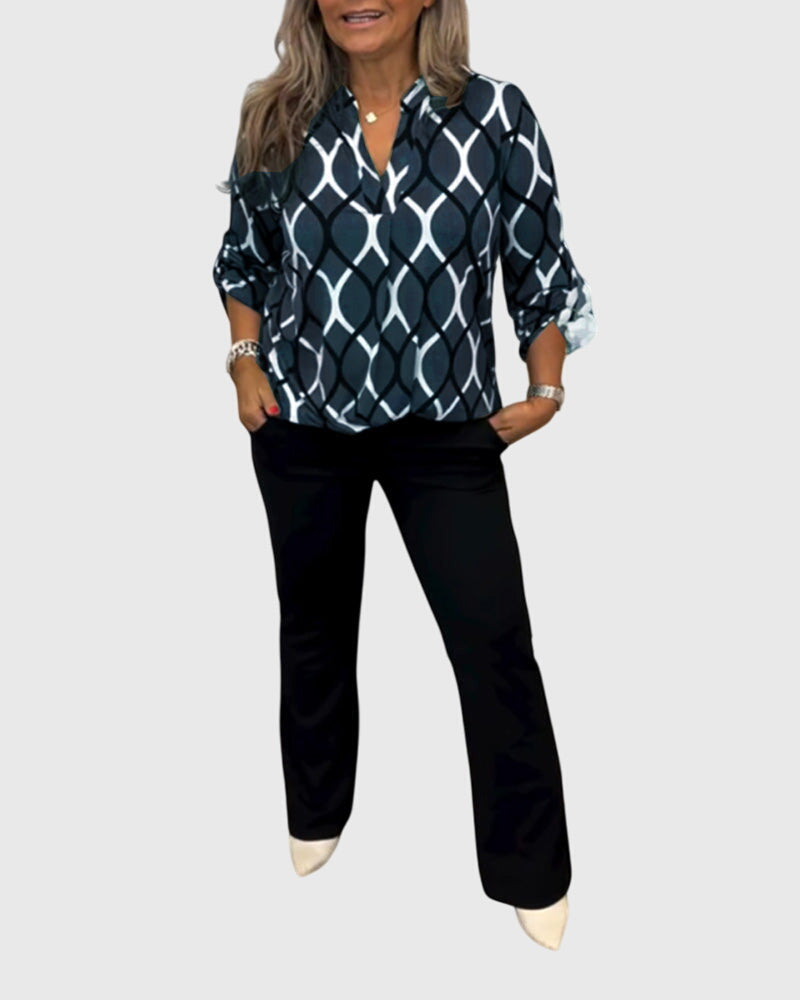 Charlotte │ Women's Long Sleeve V-Neck Blouse With Geometric Print
