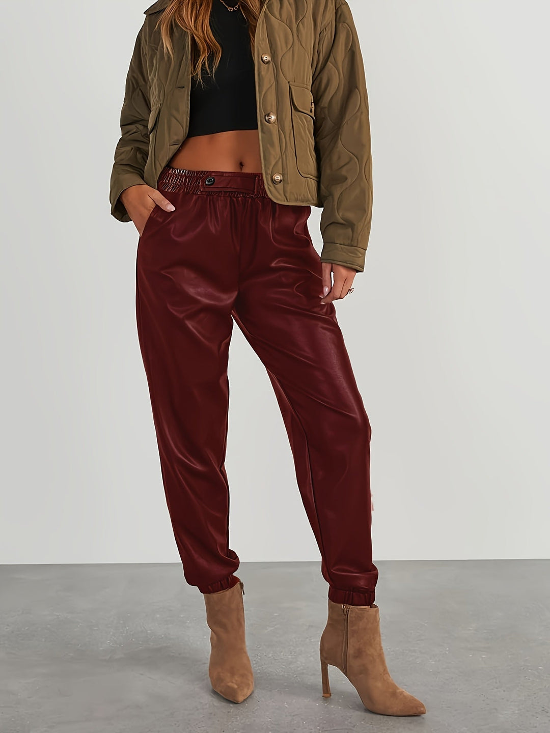 Martha │ Women's Leather-Look Tapered Trousers With Elasticated Waist And Cuffed Ankles