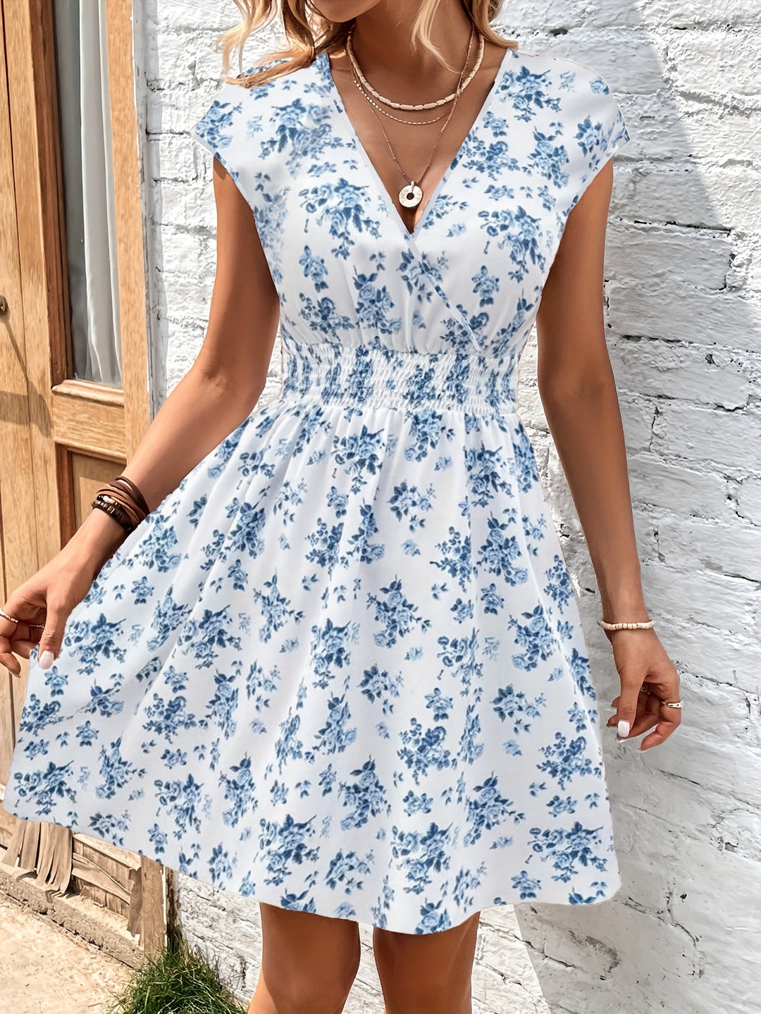 Tessa │ Women's Floral Print V-Neck Mini Dress With Shirred Waist
