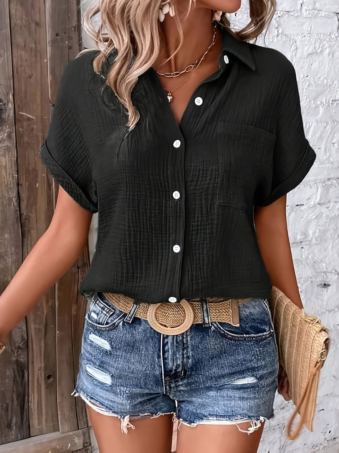 Leona │ Women's Short Sleeve Collared Button Front Shirt