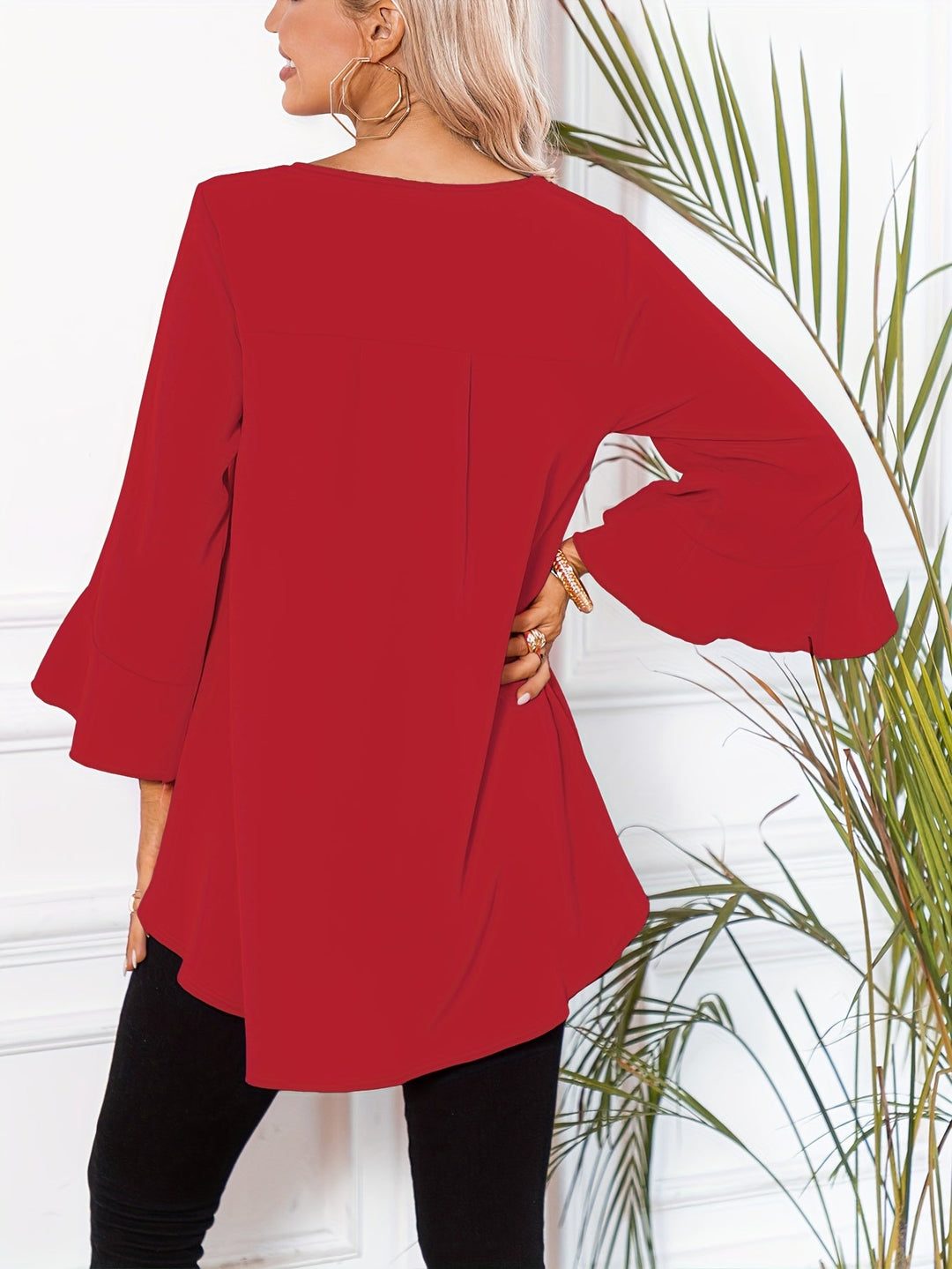 Corinna │ Women's Three-Quarter Sleeve Peplum Blouse With Ruffle Detail