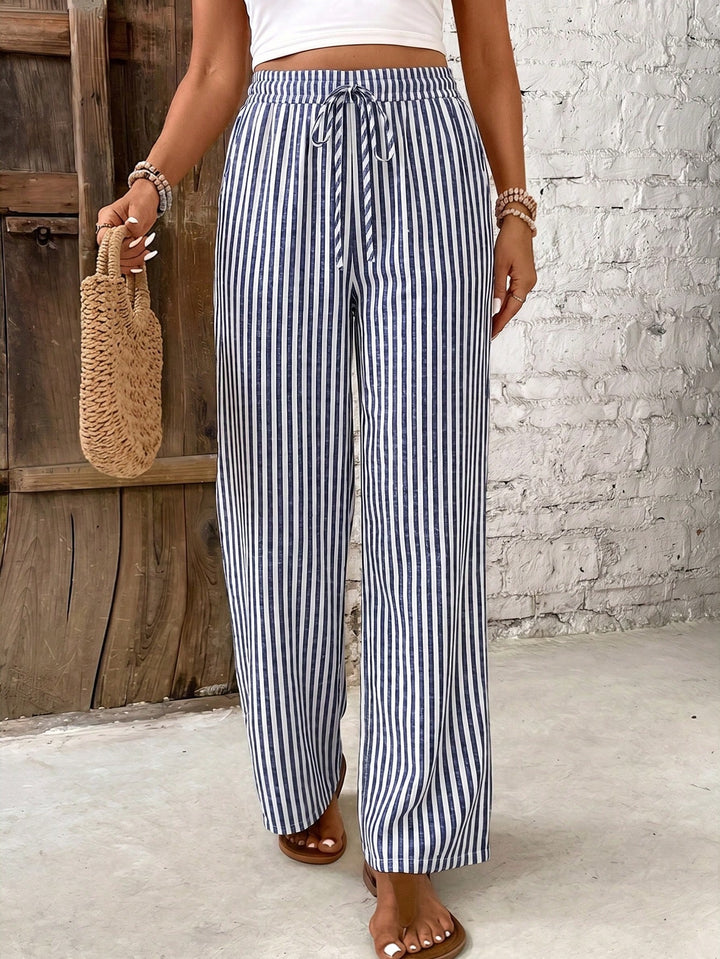 Georgina │ Women's Stripe Print Elastic Waist Wide Leg Trousers