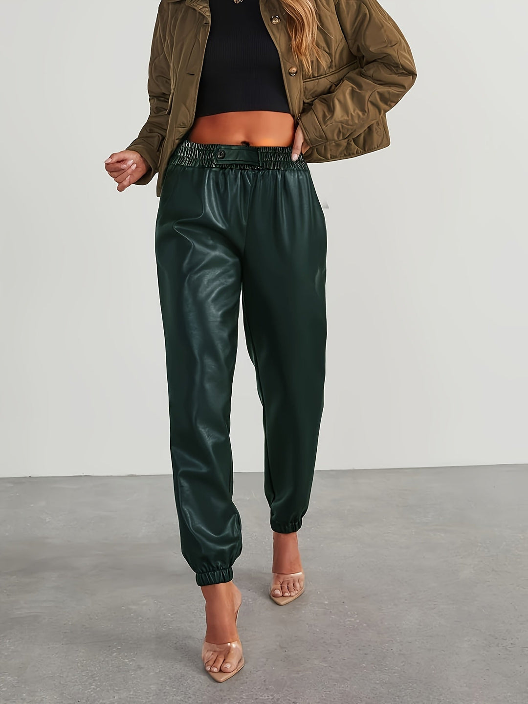 Martha │ Women's Leather-Look Tapered Trousers With Elasticated Waist And Cuffed Ankles