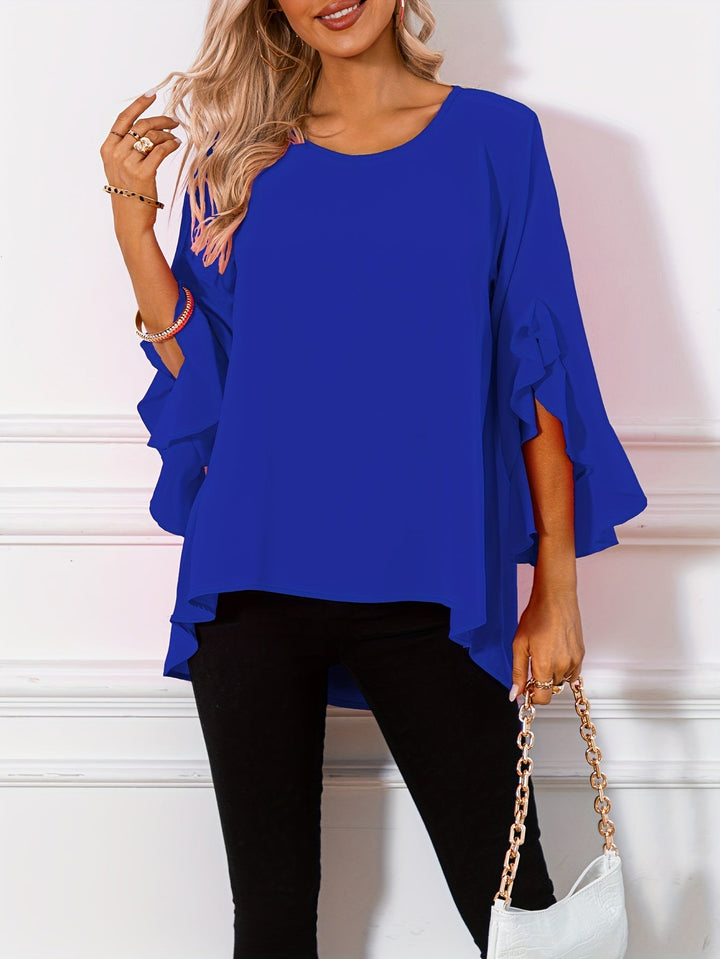 Corinna │ Women's Three-Quarter Sleeve Peplum Blouse With Ruffle Detail
