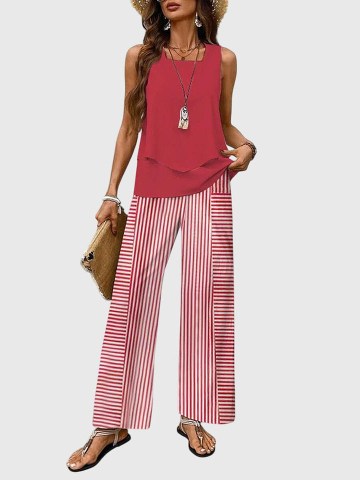 Celestine │ Women's Botanical Print Wide-Leg Trousers And Layered Sleeveless Top Two-Piece Set