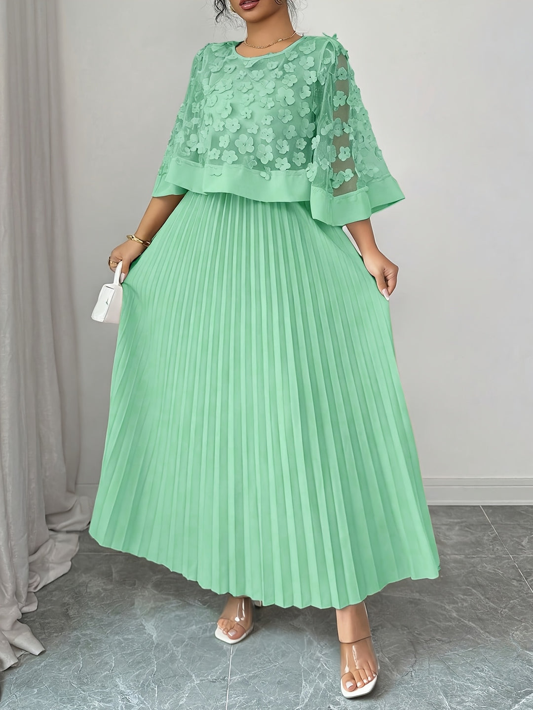 Beatrice │ Women's 3D Floral Appliqué Wedding Guest Maxi Dress With Pleated Skirt