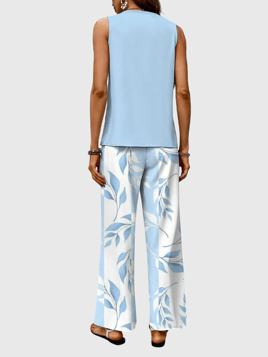 Celestine │ Women's Botanical Print Wide-Leg Trousers And Layered Sleeveless Top Two-Piece Set
