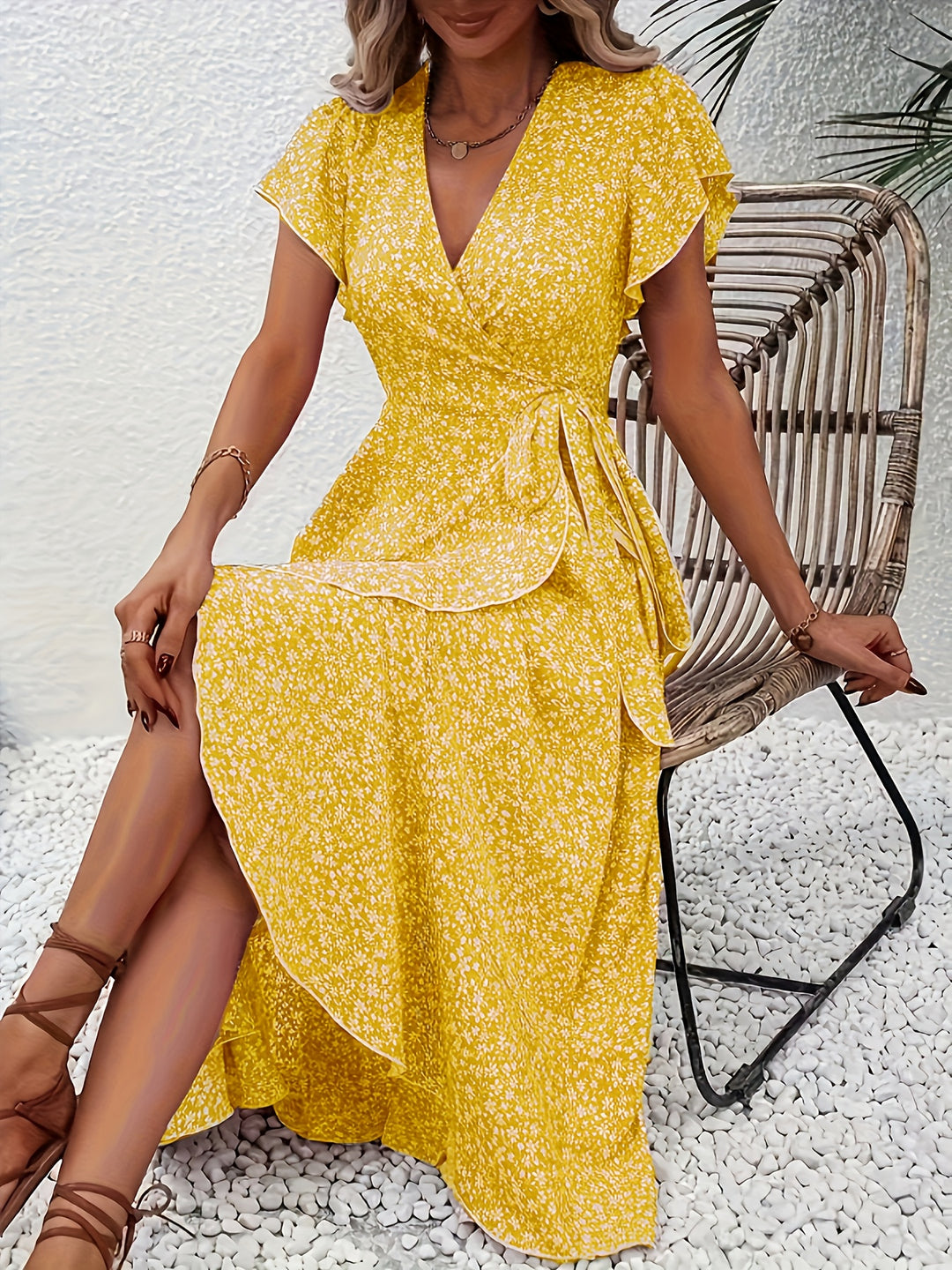 Leona │ Women's V-Neck Flutter Sleeve Maxi Wrap Dress