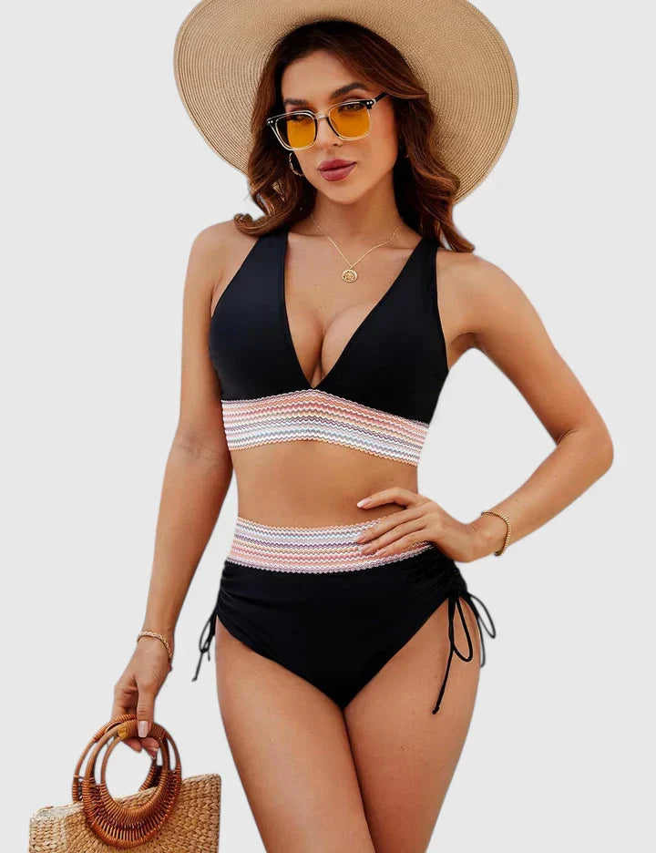 Edith │ Women's Deep V-Neck High Waist Bikini Swimwear With Mesh Panel