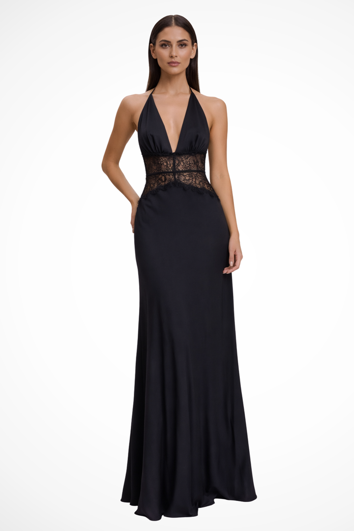 Seraphina │ Women's Halter Neck Backless Maxi Wedding Guest Dress With Lace Waist