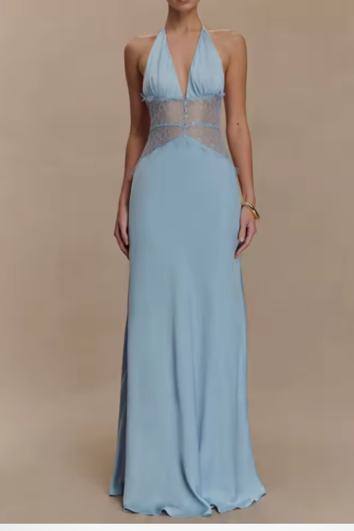 Seraphina │ Women's Halter Neck Backless Maxi Wedding Guest Dress With Lace Waist