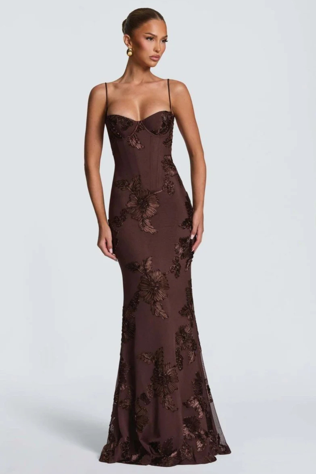 Evangeline │ Women's Floral Embroidered Corset Maxi Wedding Guest Dress With Cami Straps