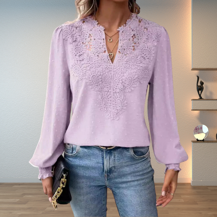 Stella │ Women's Lace Trim V-Neck Long Sleeve Blouse With Textured Fabric