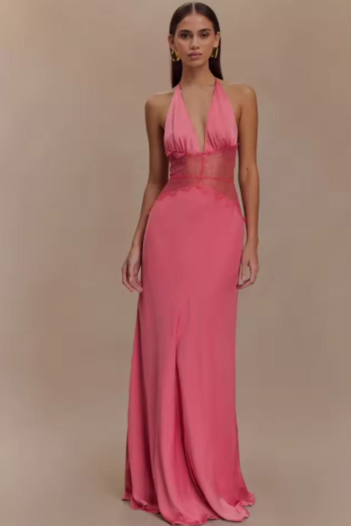Seraphina │ Women's Halter Neck Backless Maxi Wedding Guest Dress With Lace Waist