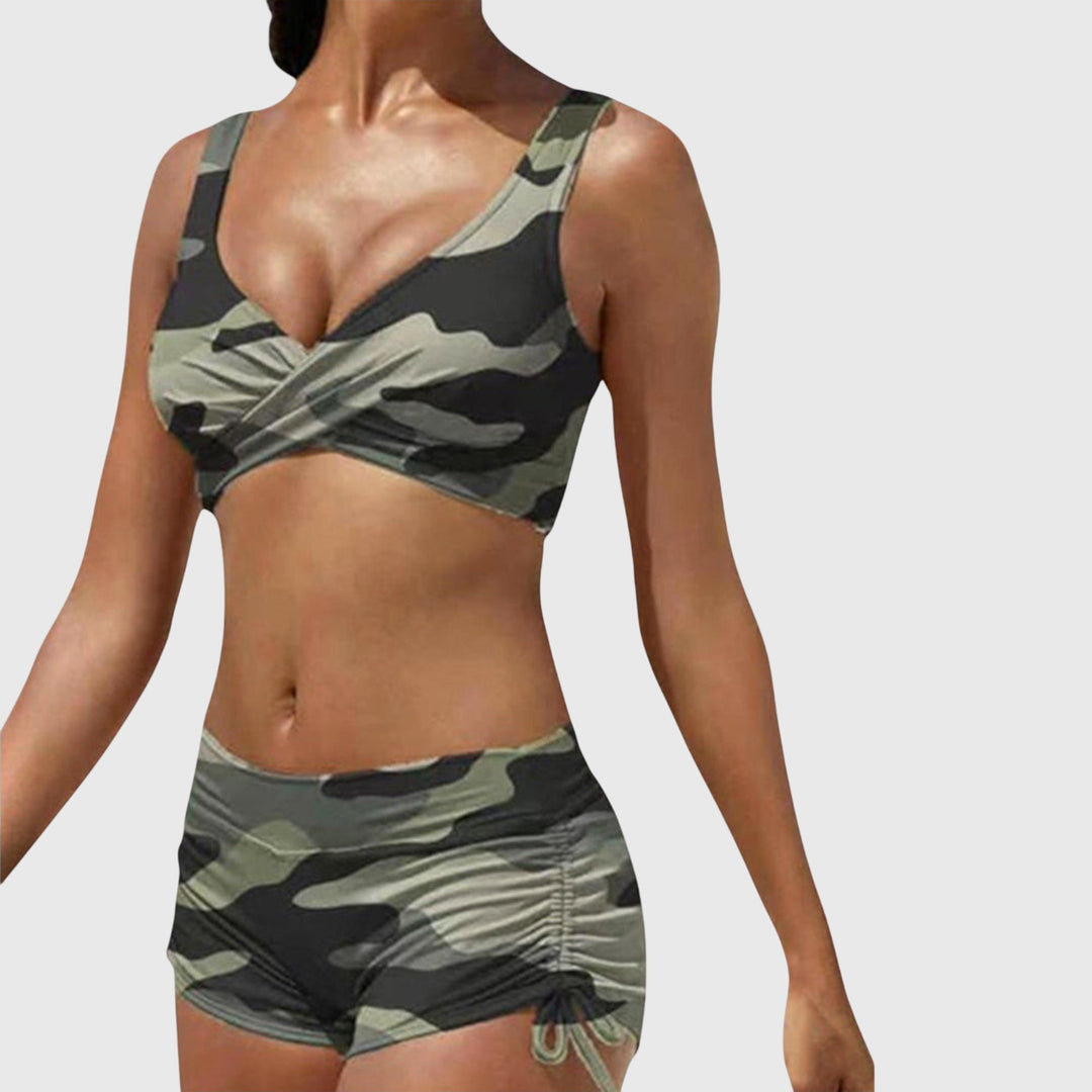 Estelle │ Women's Camo Print Cross Front Bikini Swimwear With Ruched Shorts