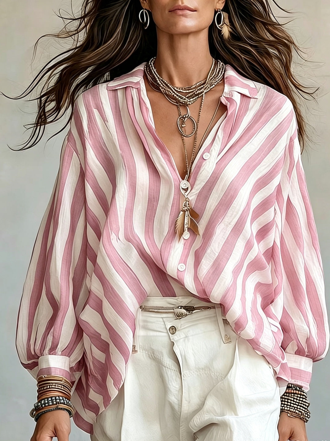 Vera │ Women's Stripe Print Long Sleeve Button Front Shirt