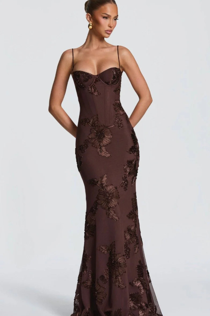 Evangeline │ Women's Floral Embroidered Corset Maxi Wedding Guest Dress With Cami Straps