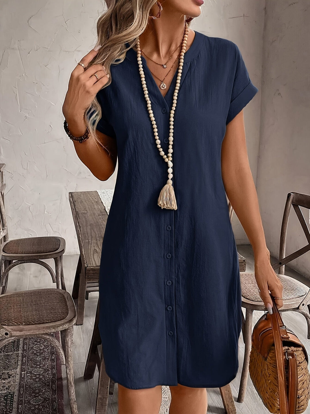 Matilda | Women's V-Neck Button-Through Short Sleeve Midi Shirt Dress