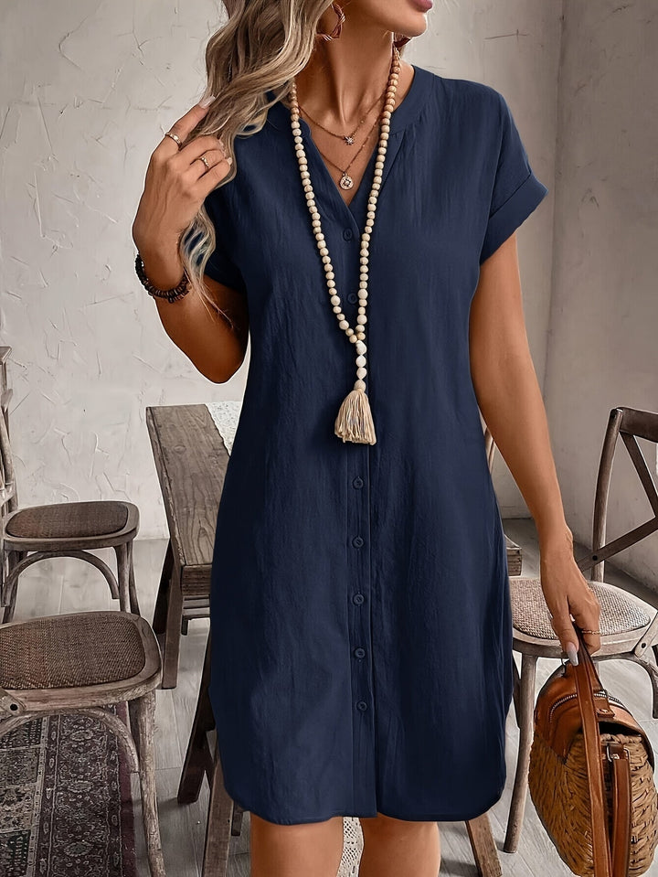 Matilda | Women's V-Neck Button-Through Short Sleeve Midi Shirt Dress