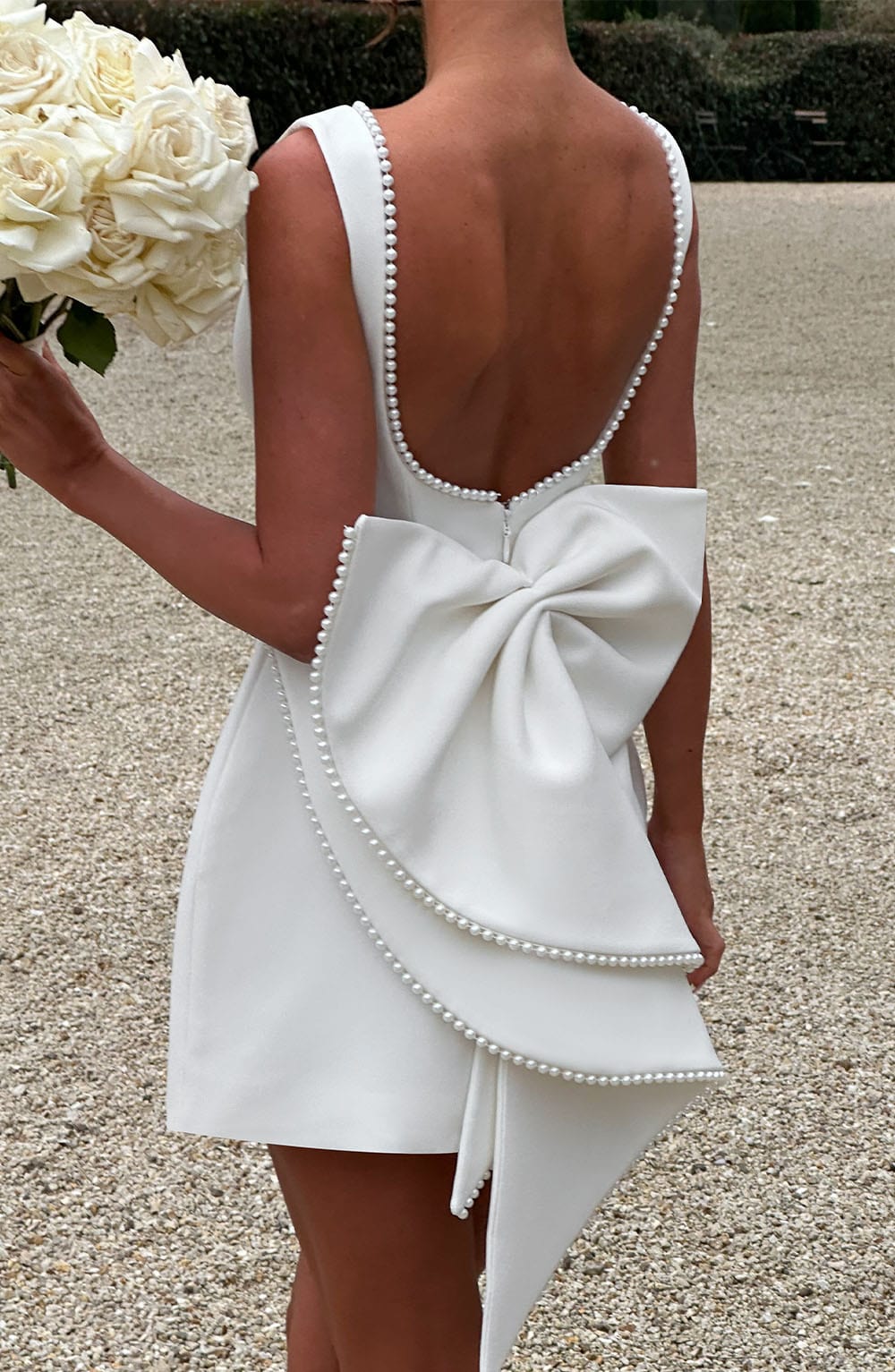 Georgiana │ Women's Structured Mini Wedding Guest Dress With Pearl Trim And Bow Detail