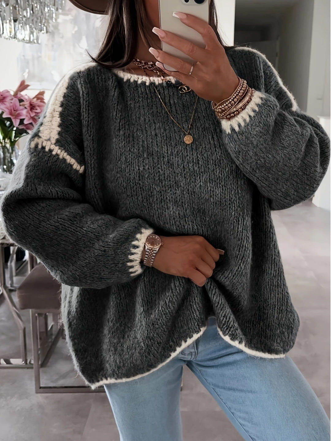 Naomi │ Women's Loose Fit Boat Neck Sweater With Contrast Trim