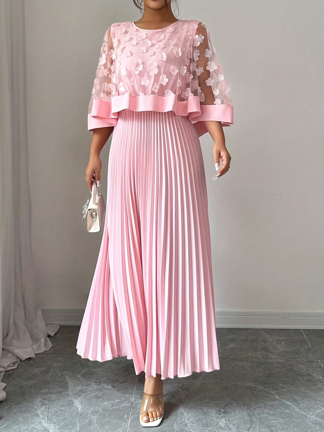 Beatrice │ Women's 3D Floral Appliqué Wedding Guest Maxi Dress With Pleated Skirt