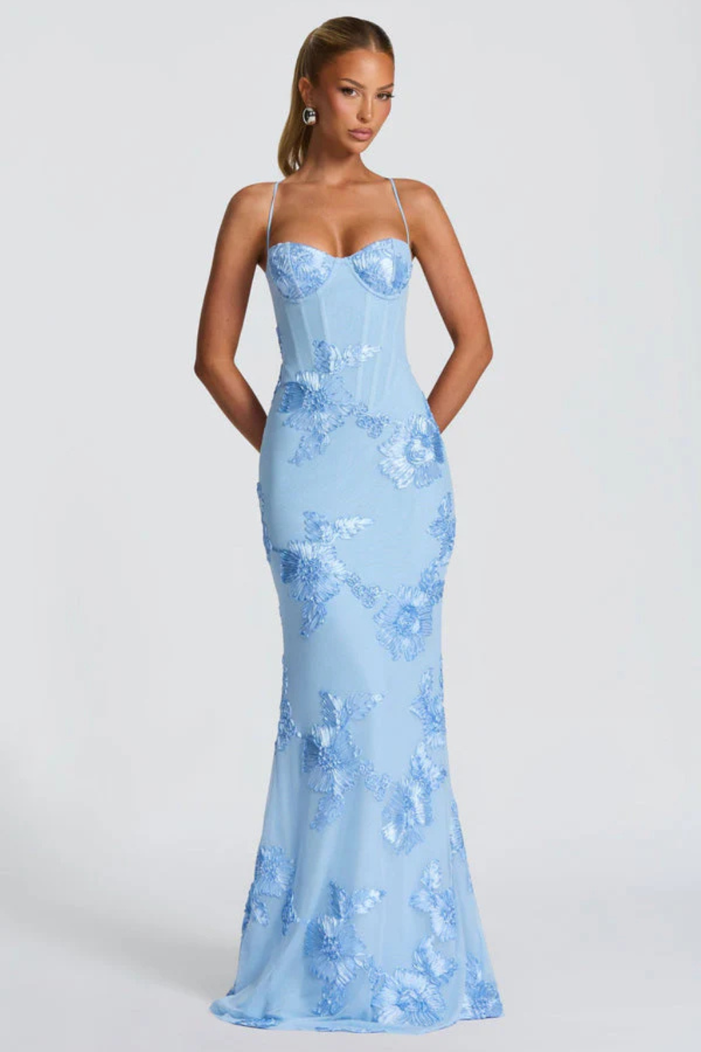 Evangeline │ Women's Floral Embroidered Corset Maxi Wedding Guest Dress With Cami Straps