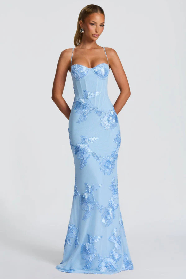 Evangeline │ Women's Floral Embroidered Corset Maxi Wedding Guest Dress With Cami Straps