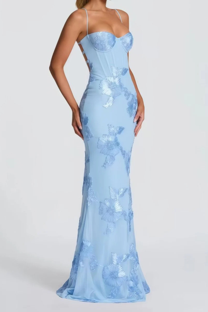Evangeline │ Women's Floral Embroidered Corset Maxi Wedding Guest Dress With Cami Straps