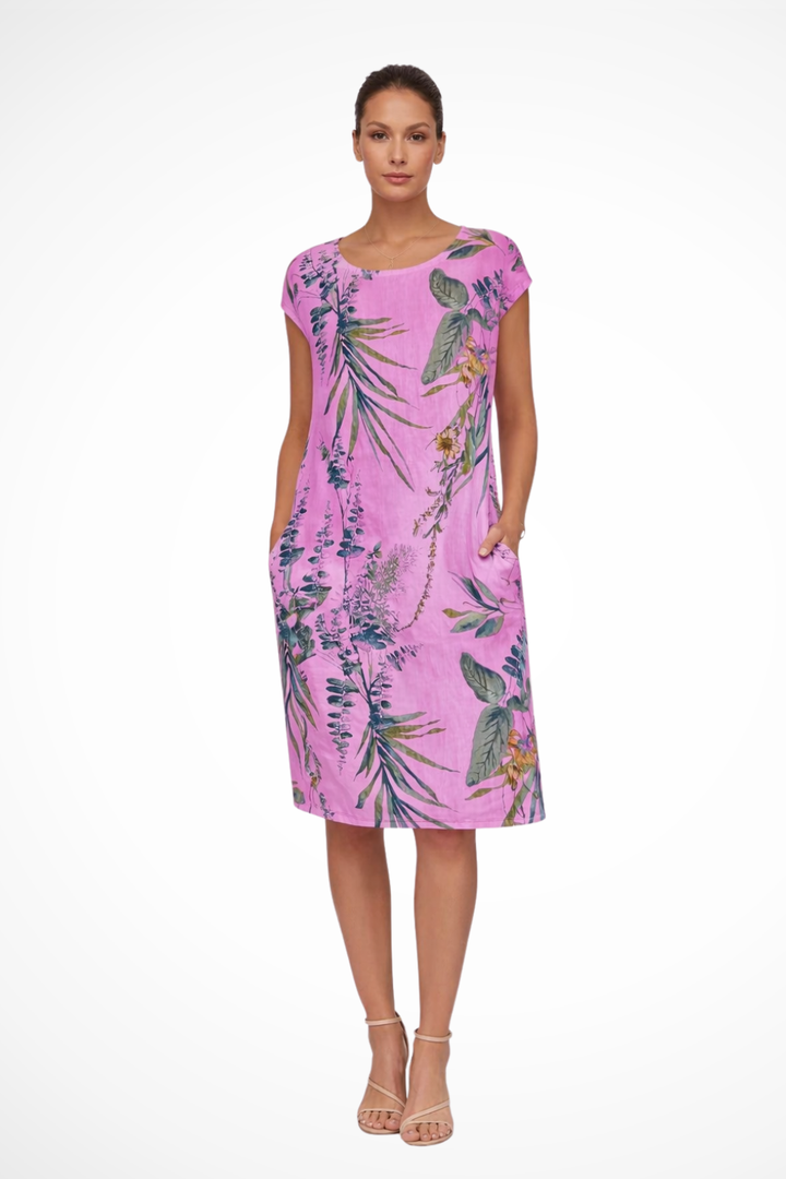 Wisteria │ Women's Botanical Print Relaxed Fit Midi Summer Dress With Side Pockets