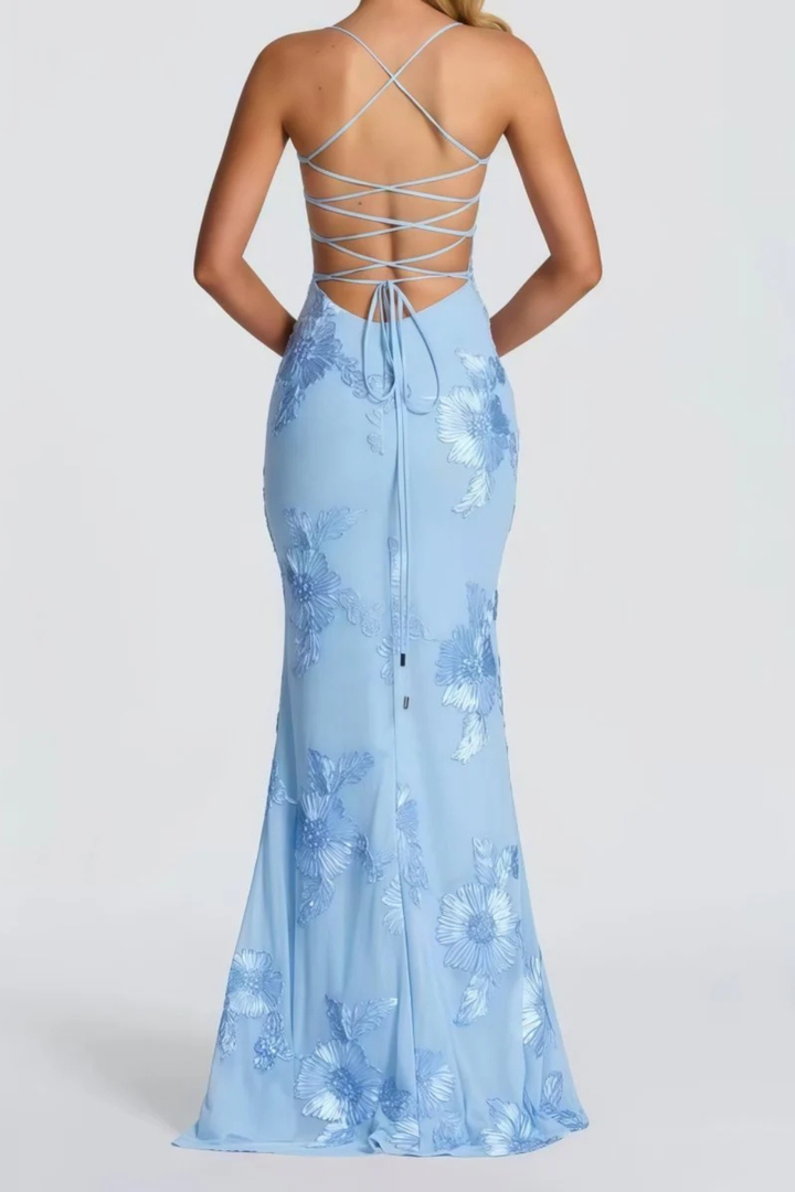 Evangeline │ Women's Floral Embroidered Corset Maxi Wedding Guest Dress With Cami Straps