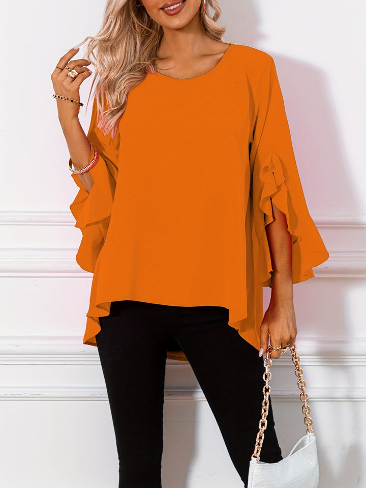 Corinna │ Women's Three-Quarter Sleeve Peplum Blouse With Ruffle Detail