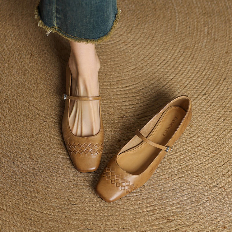 Selina │ Women's Square Toe Mary Jane Flat With Woven Upper