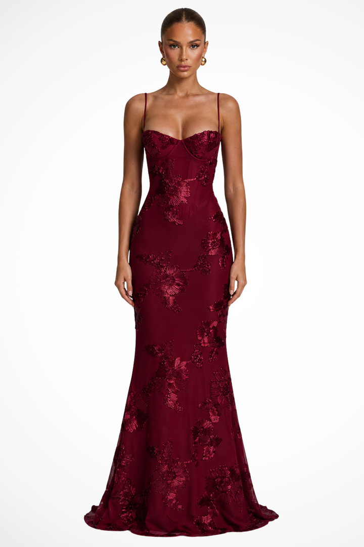 Evangeline │ Women's Floral Embroidered Corset Maxi Wedding Guest Dress With Cami Straps