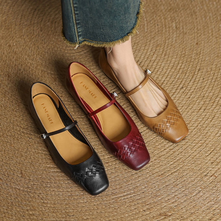 Selina │ Women's Square Toe Mary Jane Flat With Woven Upper