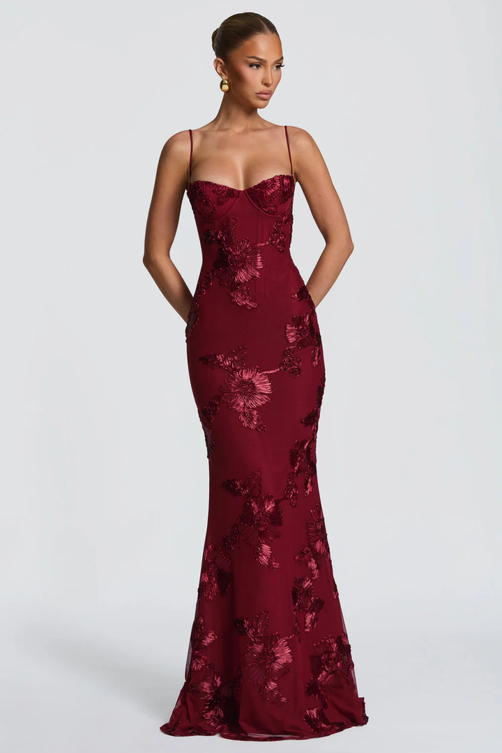 Evangeline │ Women's Floral Embroidered Corset Maxi Wedding Guest Dress With Cami Straps