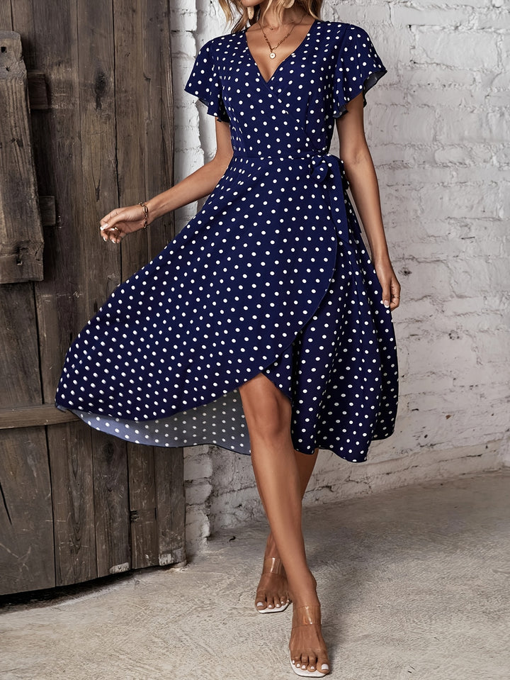 Olive │ Women's Polka Dot Wrap Maxi Dress With Short Sleeves