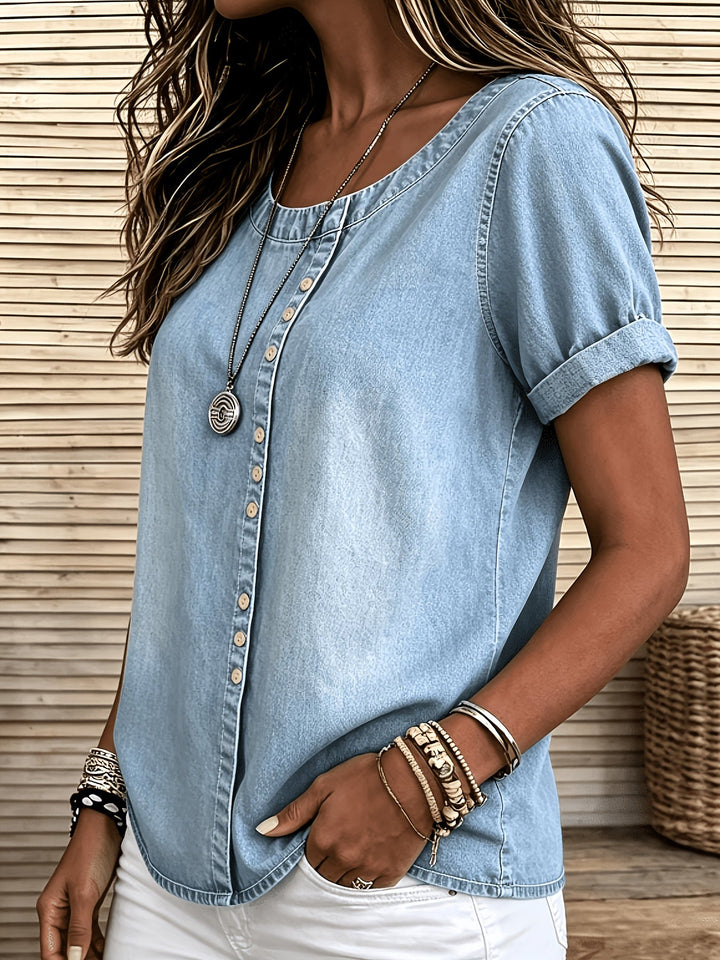 Evie | Women's Short Sleeve Button Front Scoop Neck Denim Blouse