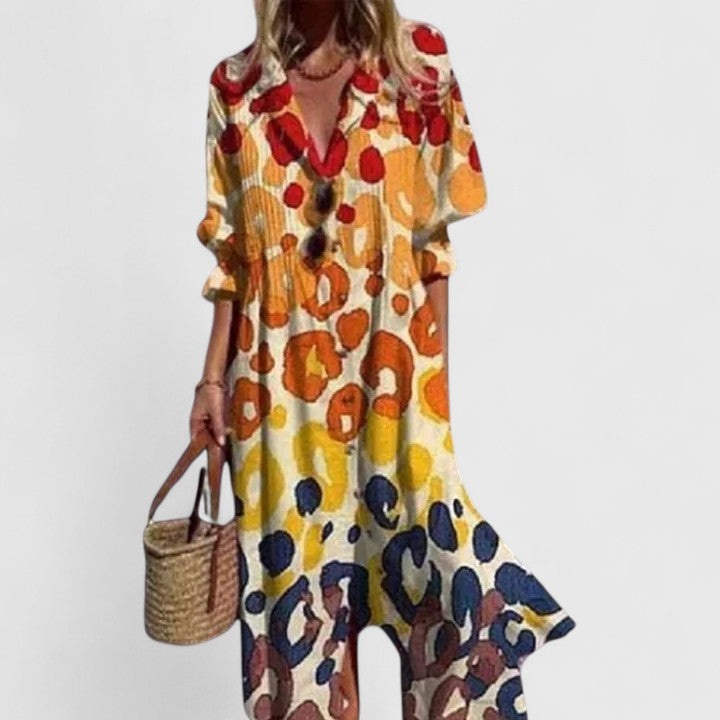 Calliope │ Women's Botanical Print Button Front Midi Summer Dress With Half Sleeves