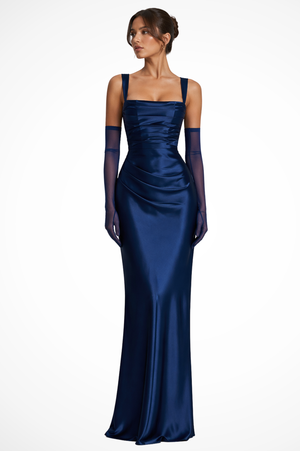 Seraphine │ Women's Square Neck Ruched Satin Maxi Wedding Guest Dress With Gloves