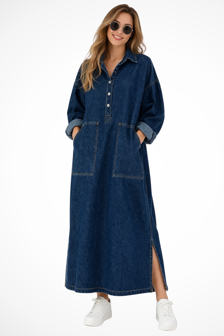 Harriet │ Women's Oversized Denim Maxi Summer Dress With Collar And Front Pockets