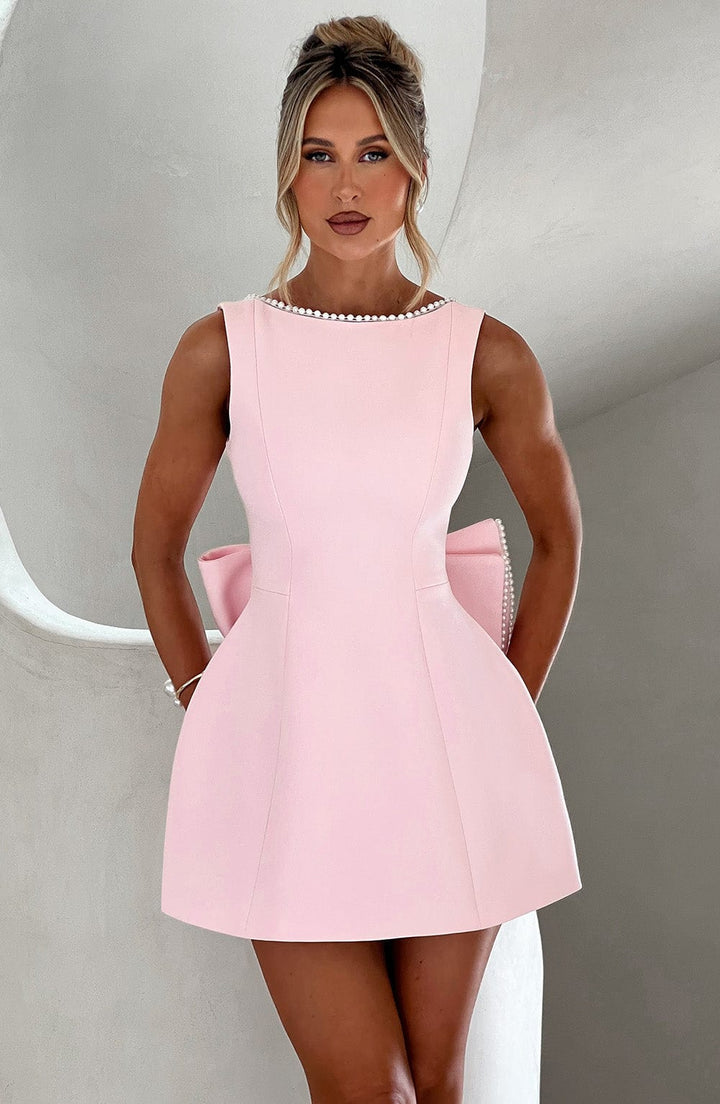 Georgiana │ Women's Structured Mini Wedding Guest Dress With Pearl Trim And Bow Detail