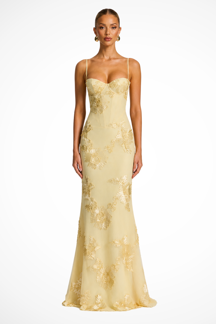 Evangeline │ Women's Floral Embroidered Corset Maxi Wedding Guest Dress With Cami Straps