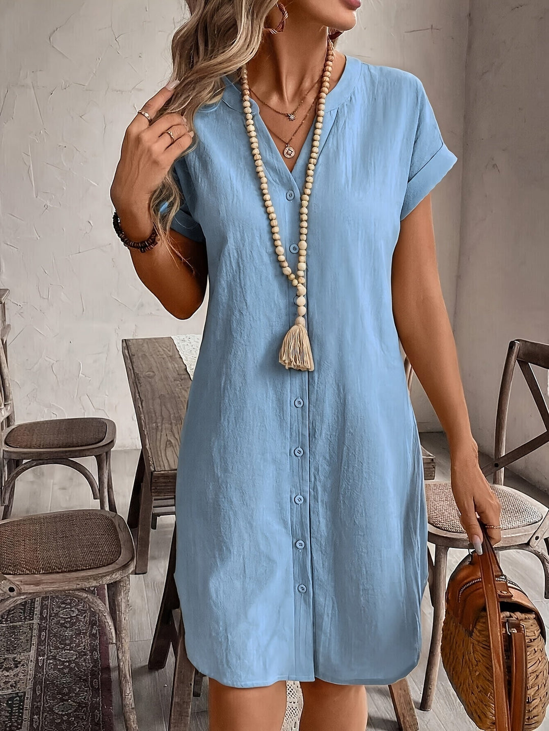 Matilda | Women's V-Neck Button-Through Short Sleeve Midi Shirt Dress