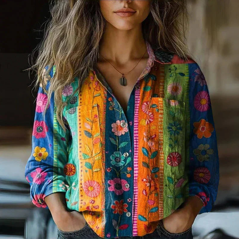 Vivienne │ Women's Paisley Print Band Collar Long Sleeve Button Front Blouse