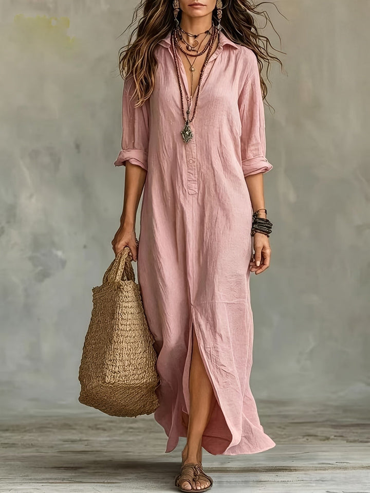 Olivia | Women's Collared Button Front Side Split Maxi Shirt Dress